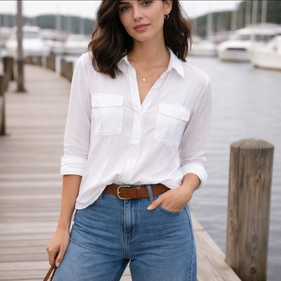 Side Stitch Tops - Side Stitch White button Placket Shirt Tencel Chest Pockets Tab Sleeves Sz S